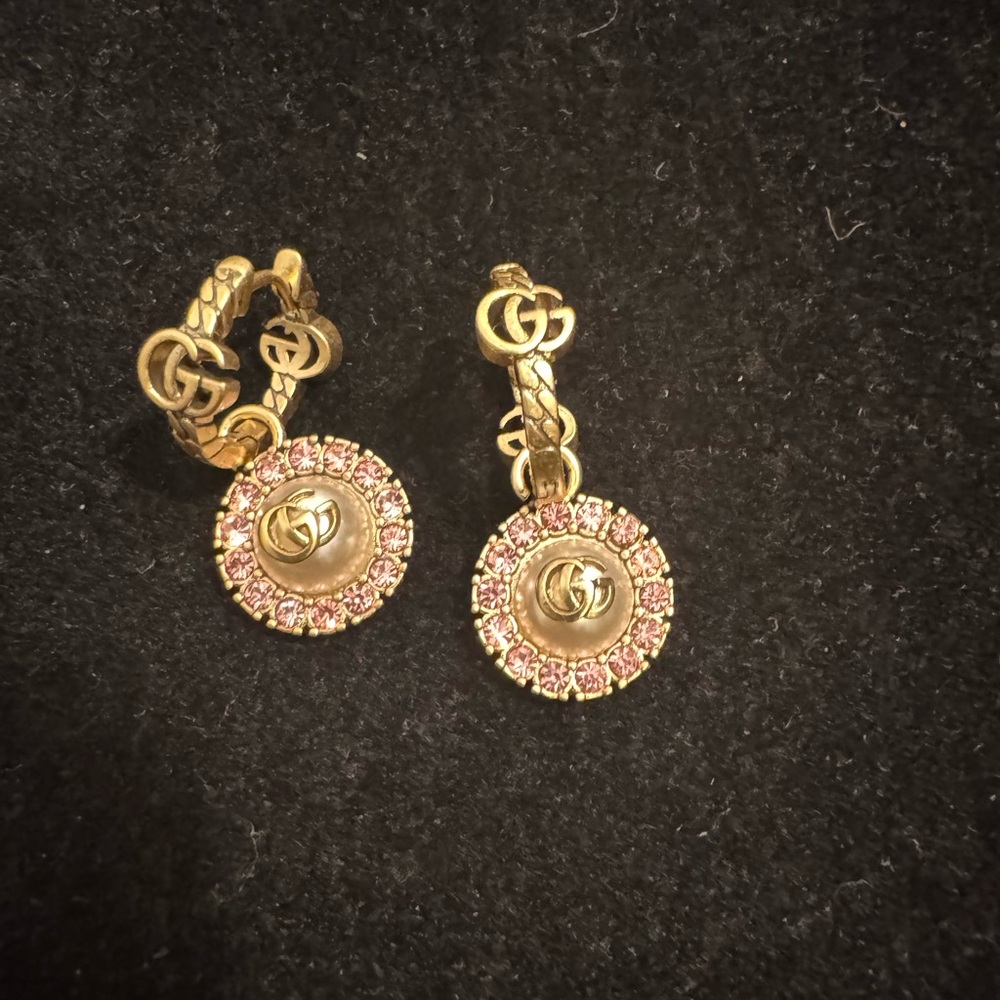 Gucci Gold and Pink Ornate Dangle Earrings